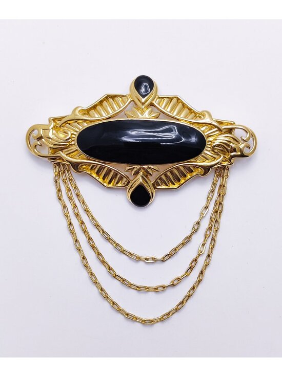Trifari Jewelry - Vintage Signed 1970-80s Crown Trifari Goth Victorian Gold Black Brooch w Chains